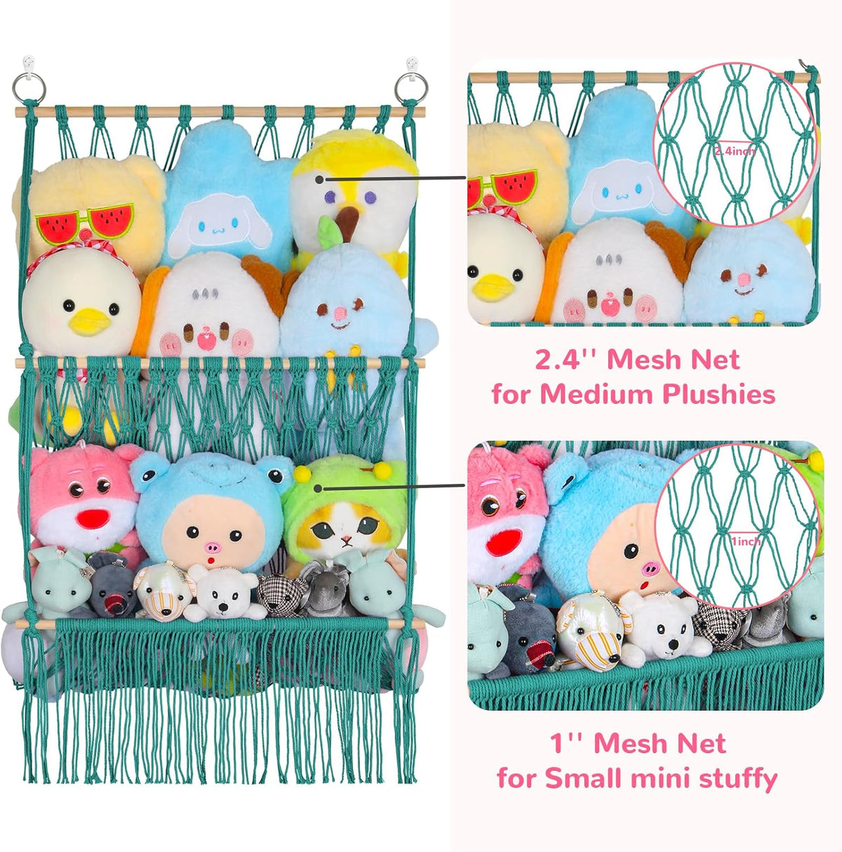 2 Tier Stuffed Animal Storage Net, Large Boho Stuffy Plushies Storage,Beige