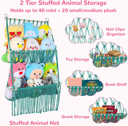 2 Tier Stuffed Animal Storage Net, Large Boho Stuffy Plushies Storage,Beige