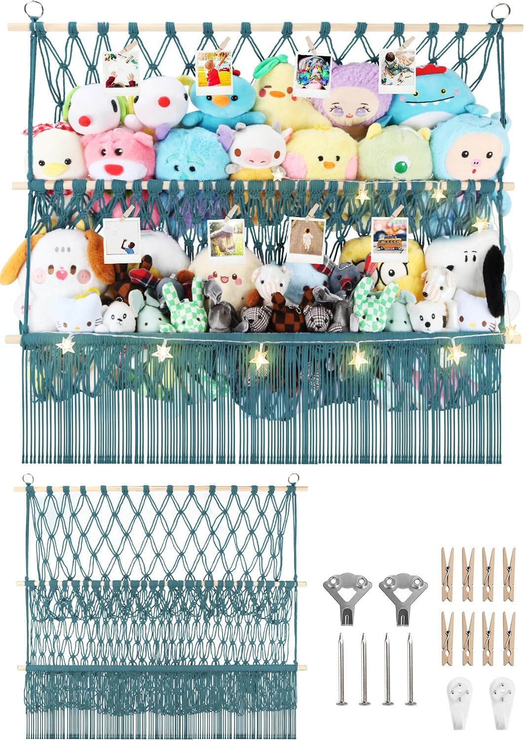 2 Tier Stuffed Animal Storage Net, Large Boho Stuffy Plushies Storage,Beige