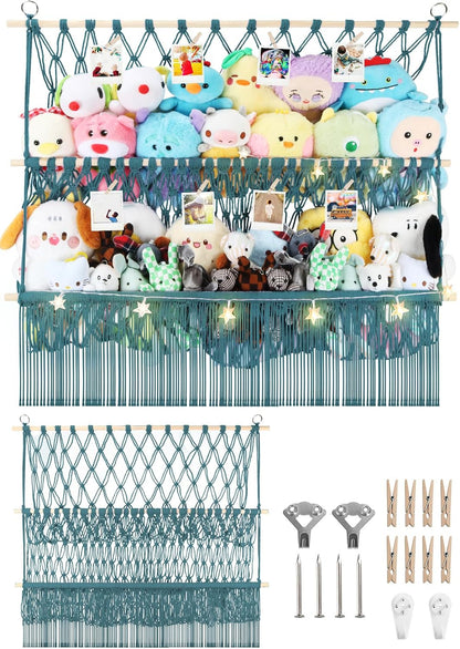 2 Tier Stuffed Animal Storage Net, Large Boho Stuffy Plushies Storage,Beige