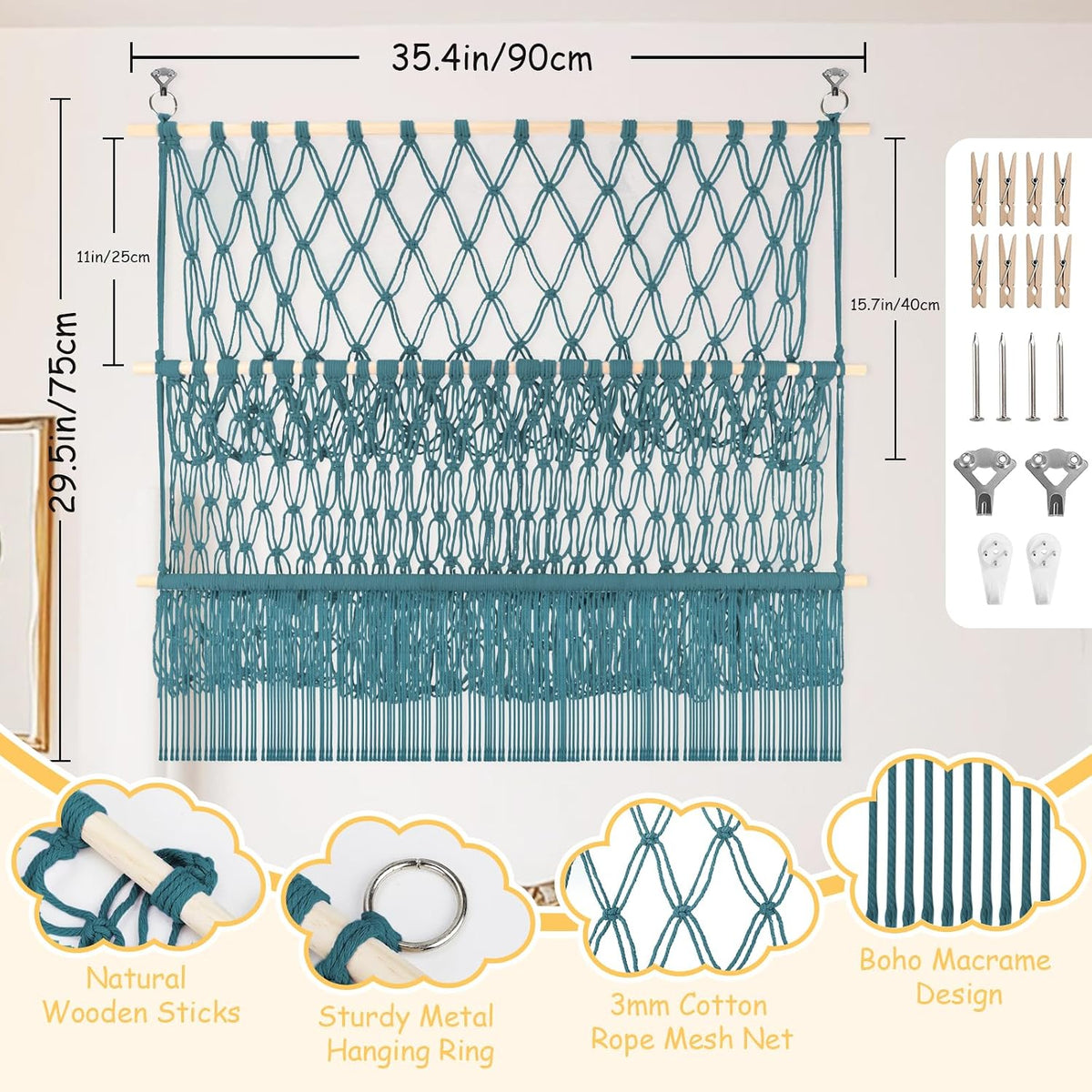 2 Tier Stuffed Animal Storage Net, Large Boho Stuffy Plushies Storage,Beige