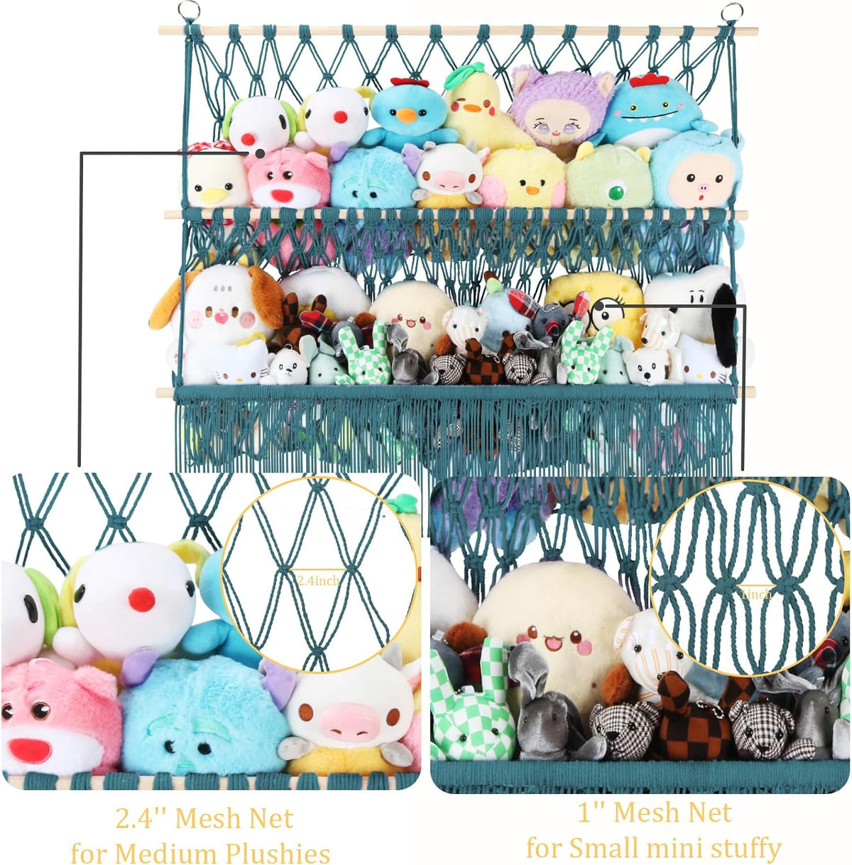 2 Tier Stuffed Animal Storage Net, Large Boho Stuffy Plushies Storage,Beige