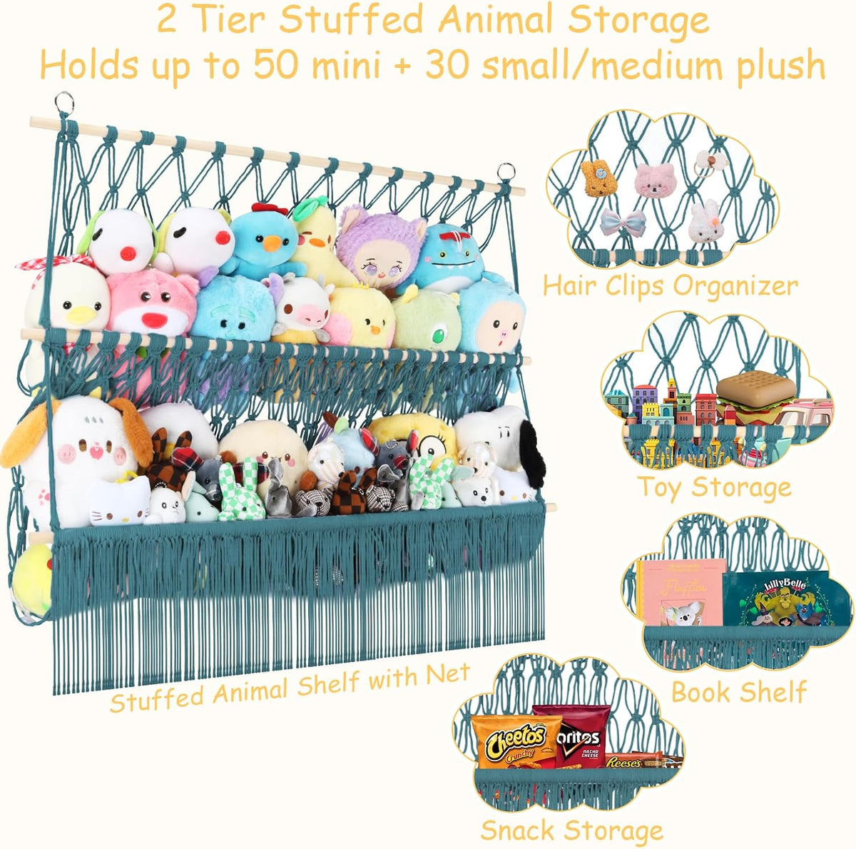 2 Tier Stuffed Animal Storage Net, Large Boho Stuffy Plushies Storage,Beige