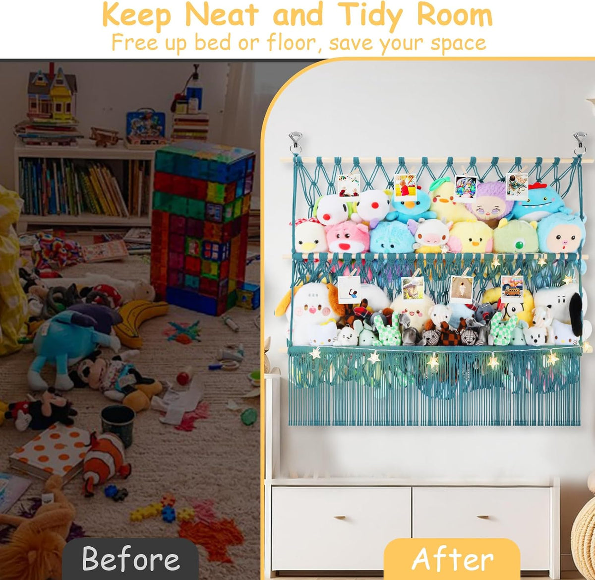 2 Tier Stuffed Animal Storage Net, Large Boho Stuffy Plushies Storage,Beige