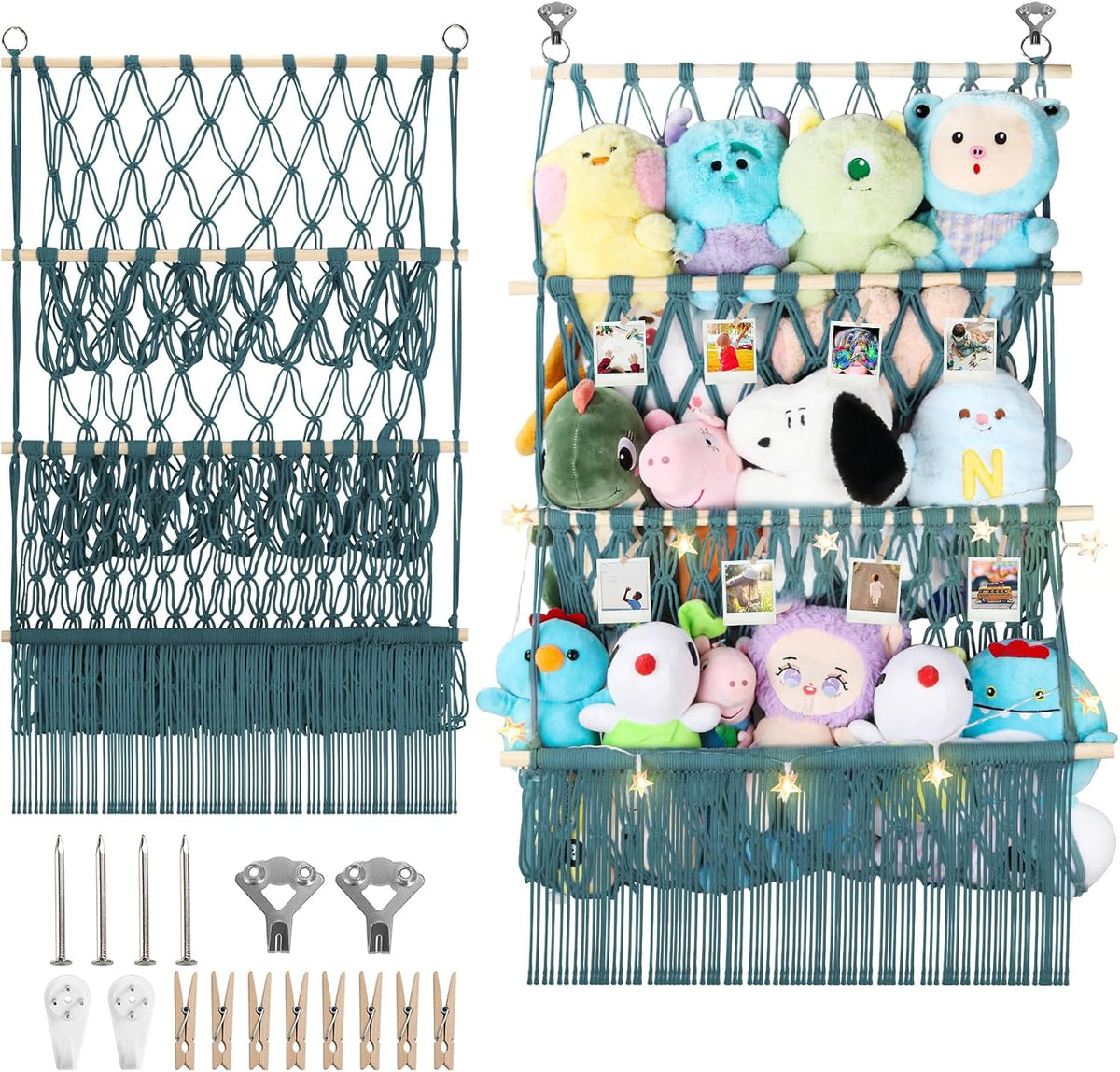2 Tier Stuffed Animal Storage Net, Large Boho Stuffy Plushies Storage,Beige