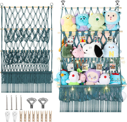 2 Tier Stuffed Animal Storage Net, Large Boho Stuffy Plushies Storage,Beige