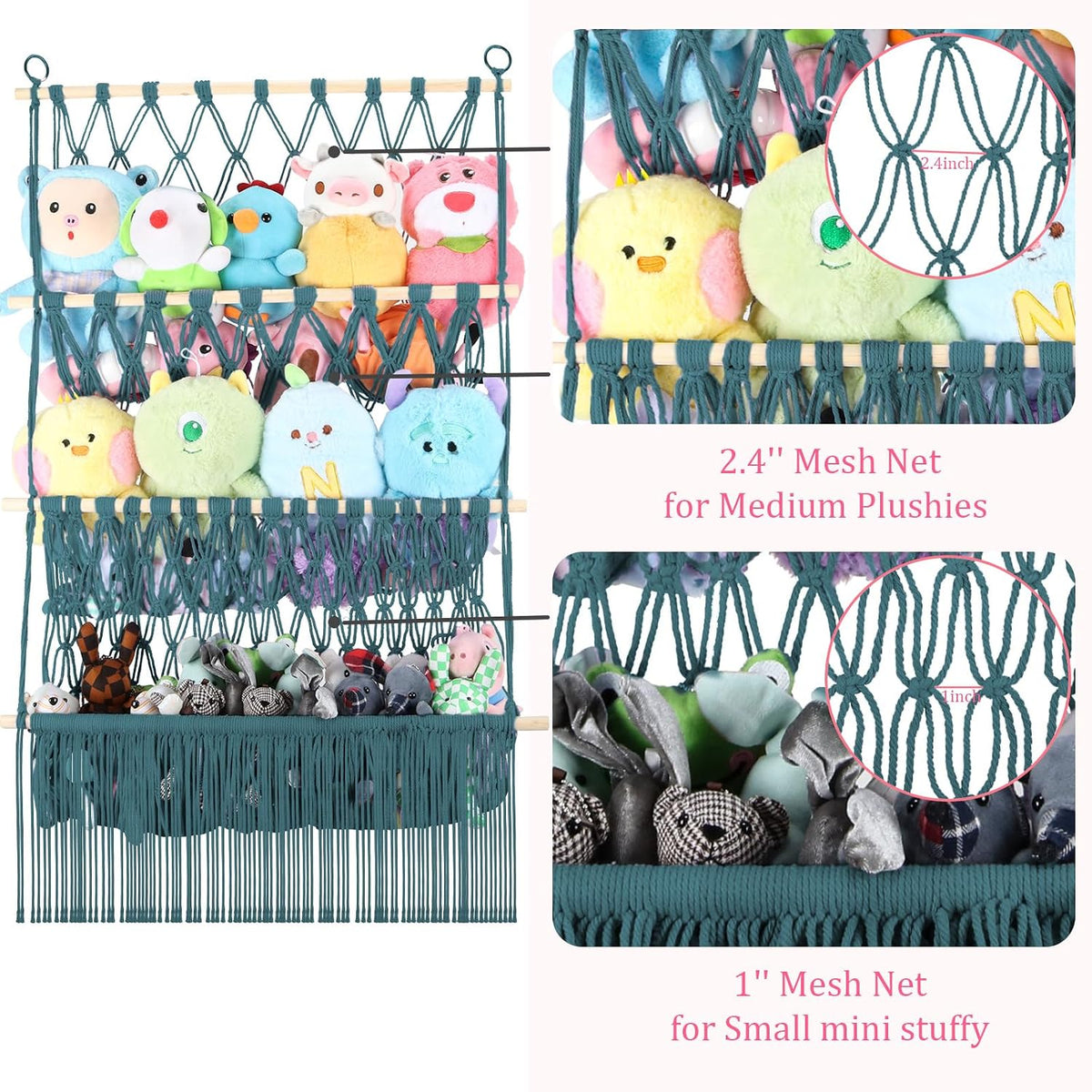2 Tier Stuffed Animal Storage Net, Large Boho Stuffy Plushies Storage,Beige