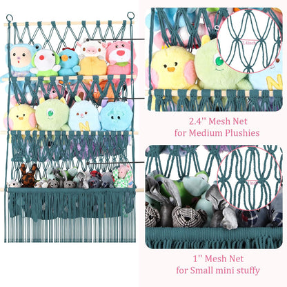2 Tier Stuffed Animal Storage Net, Large Boho Stuffy Plushies Storage,Beige