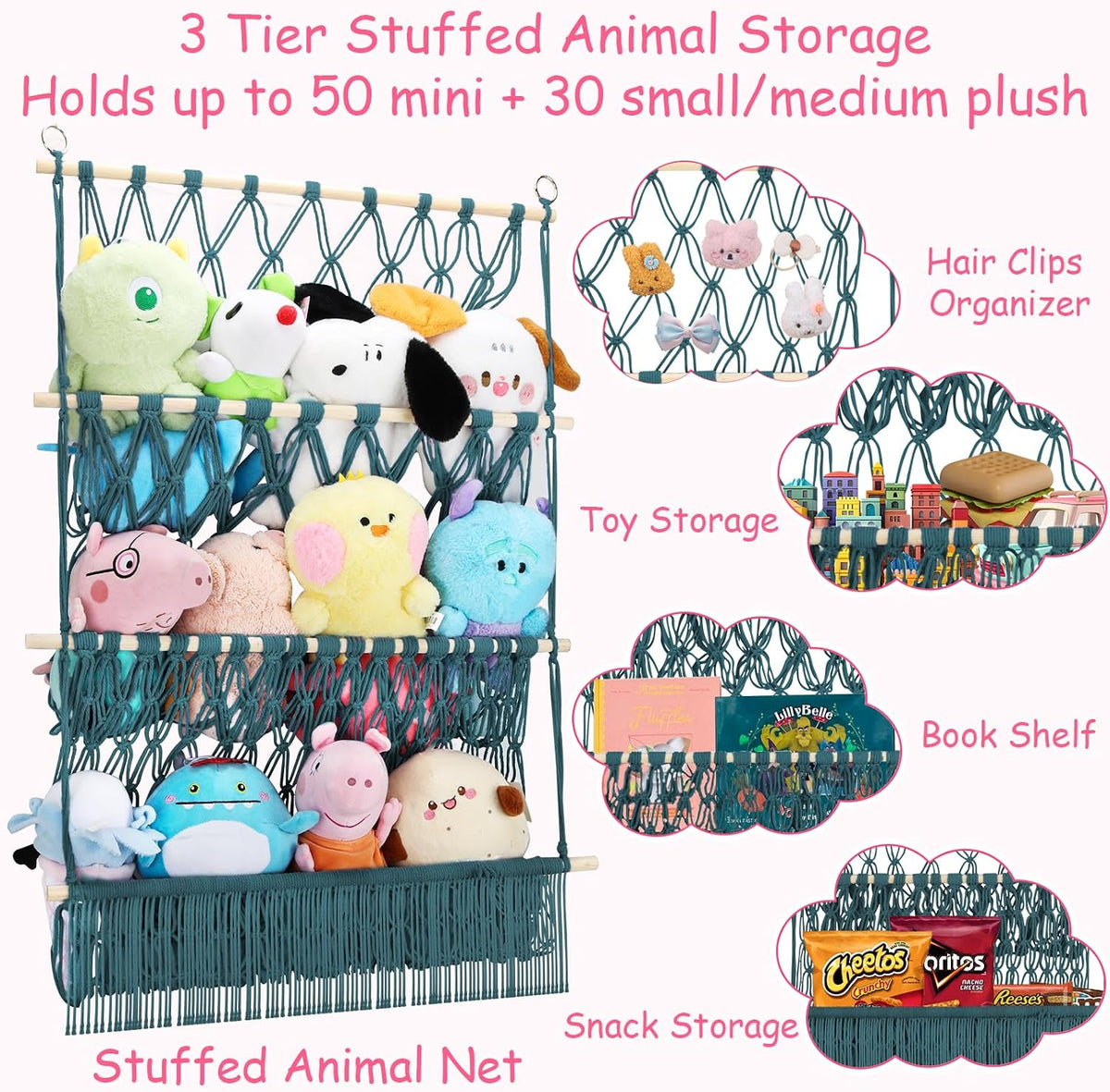 2 Tier Stuffed Animal Storage Net, Large Boho Stuffy Plushies Storage,Beige