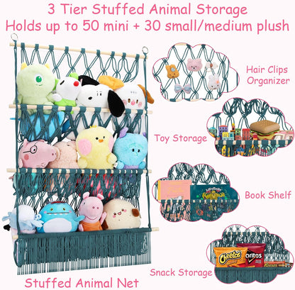 2 Tier Stuffed Animal Storage Net, Large Boho Stuffy Plushies Storage,Beige