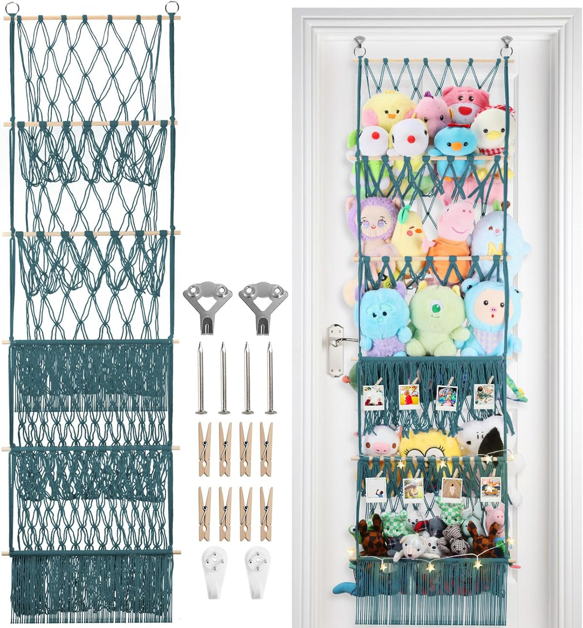 2 Tier Stuffed Animal Storage Net, Large Boho Stuffy Plushies Storage,Beige