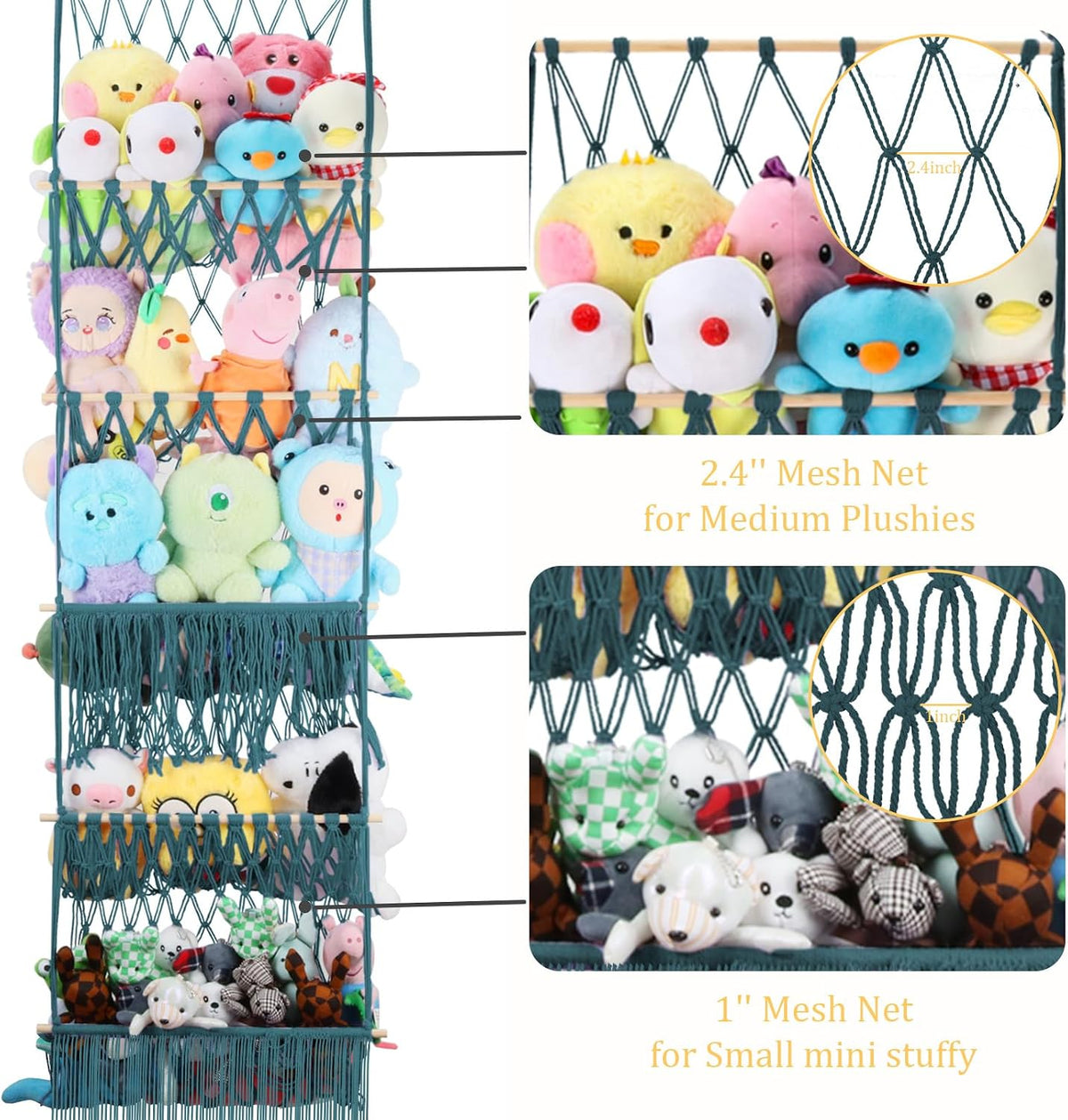 2 Tier Stuffed Animal Storage Net, Large Boho Stuffy Plushies Storage,Beige