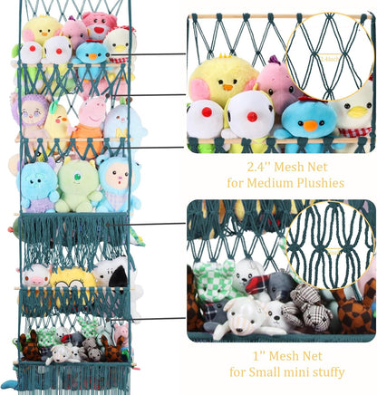 2 Tier Stuffed Animal Storage Net, Large Boho Stuffy Plushies Storage,Beige