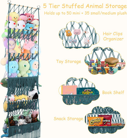 2 Tier Stuffed Animal Storage Net, Large Boho Stuffy Plushies Storage,Beige
