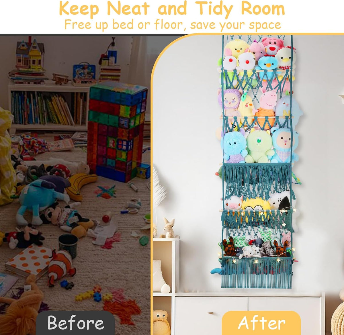 2 Tier Stuffed Animal Storage Net, Large Boho Stuffy Plushies Storage,Beige
