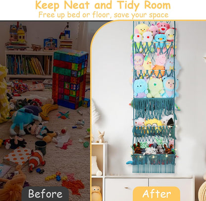 2 Tier Stuffed Animal Storage Net, Large Boho Stuffy Plushies Storage,Beige
