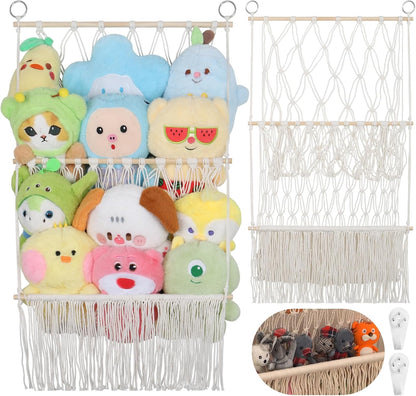 2 Tier Stuffed Animal Storage Net, Large Boho Stuffy Plushies Storage,Beige