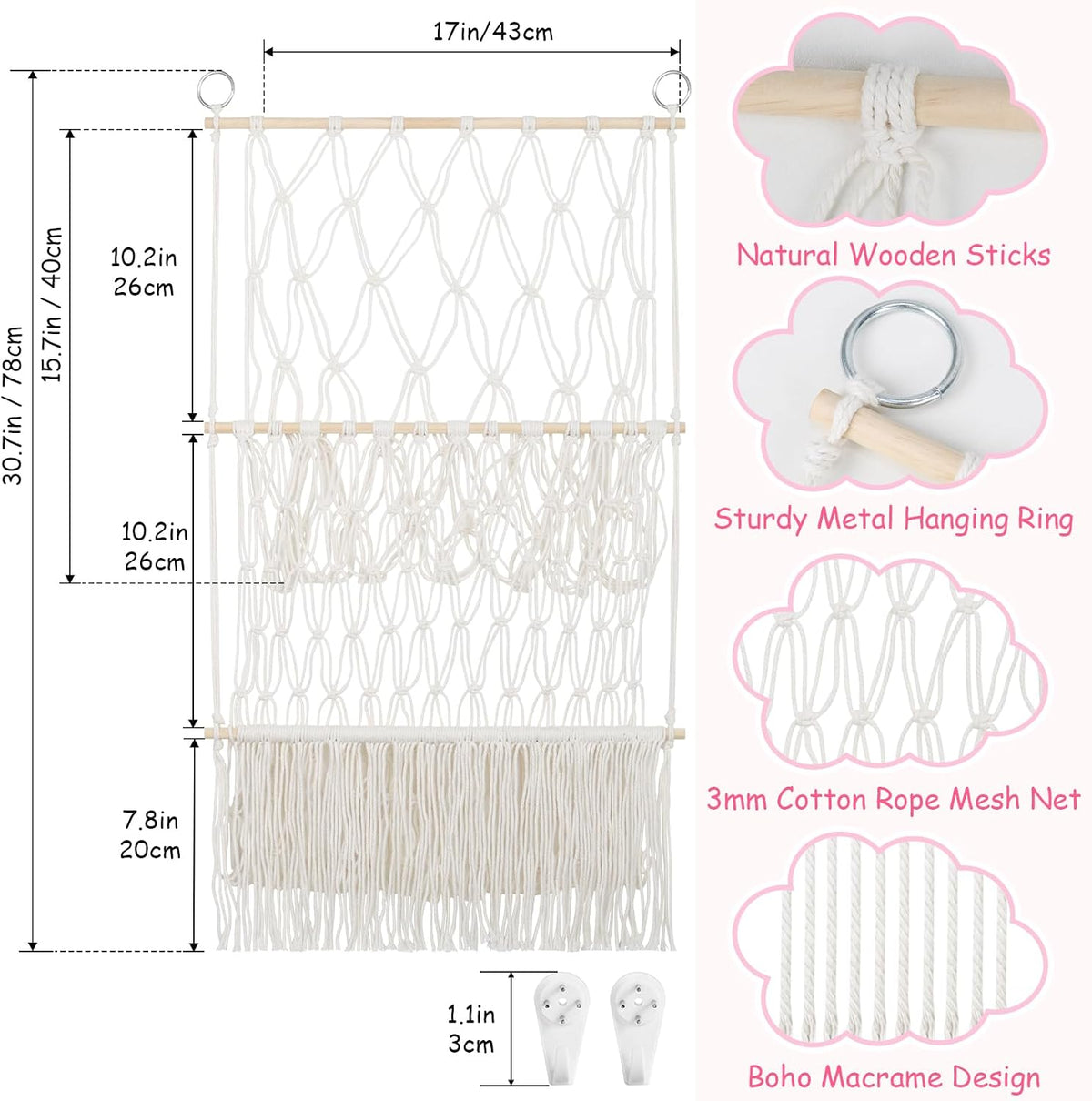 2 Tier Stuffed Animal Storage Net, Large Boho Stuffy Plushies Storage,Beige