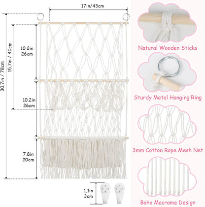 2 Tier Stuffed Animal Storage Net, Large Boho Stuffy Plushies Storage,Beige