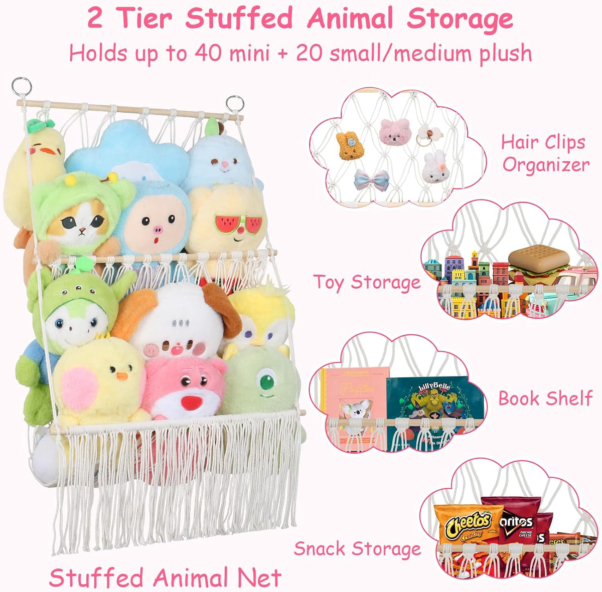 2 Tier Stuffed Animal Storage Net, Large Boho Stuffy Plushies Storage,Beige