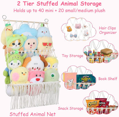 2 Tier Stuffed Animal Storage Net, Large Boho Stuffy Plushies Storage,Beige