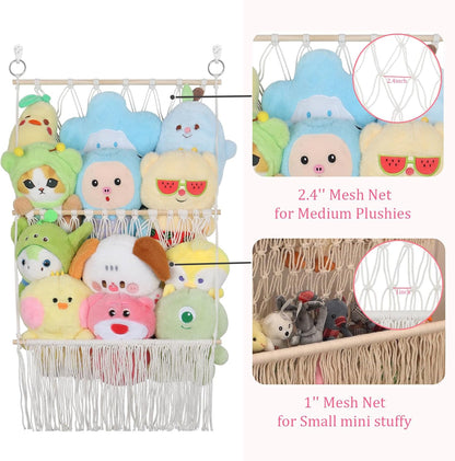2 Tier Stuffed Animal Storage Net, Large Boho Stuffy Plushies Storage,Beige