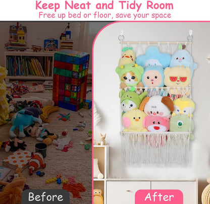 2 Tier Stuffed Animal Storage Net, Large Boho Stuffy Plushies Storage,Beige