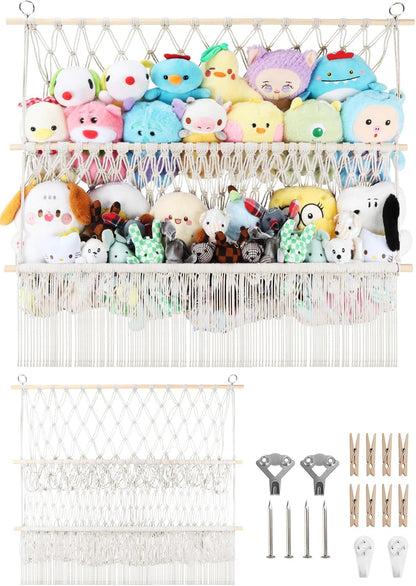 2 Tier Stuffed Animal Storage Net, Large Boho Stuffy Plushies Storage,Beige