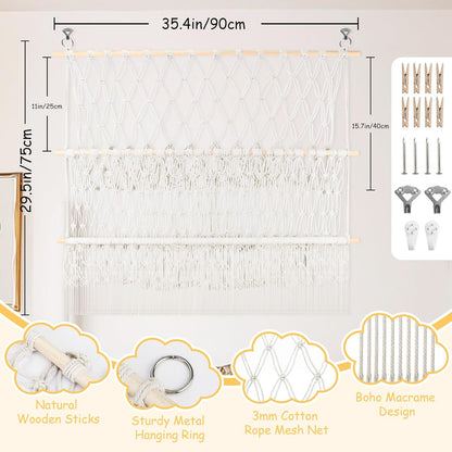 2 Tier Stuffed Animal Storage Net, Large Boho Stuffy Plushies Storage,Beige