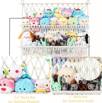 2 Tier Stuffed Animal Storage Net, Large Boho Stuffy Plushies Storage,Beige