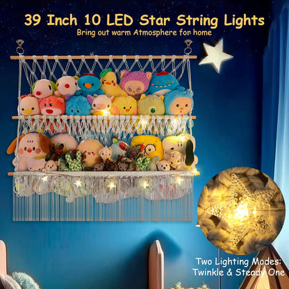 2 Tier Stuffed Animal Storage Net, Large Boho Stuffy Plushies Storage,Beige