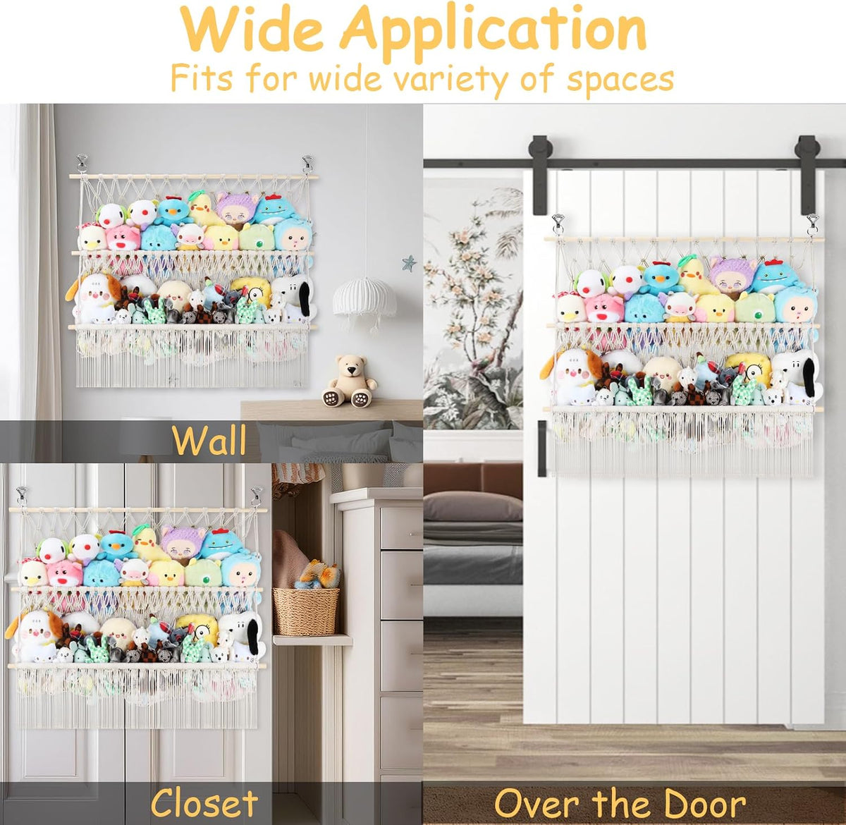 2 Tier Stuffed Animal Storage Net, Large Boho Stuffy Plushies Storage,Beige