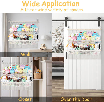 2 Tier Stuffed Animal Storage Net, Large Boho Stuffy Plushies Storage,Beige