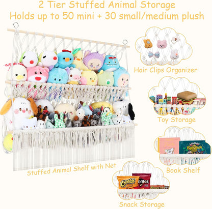 2 Tier Stuffed Animal Storage Net, Large Boho Stuffy Plushies Storage,Beige