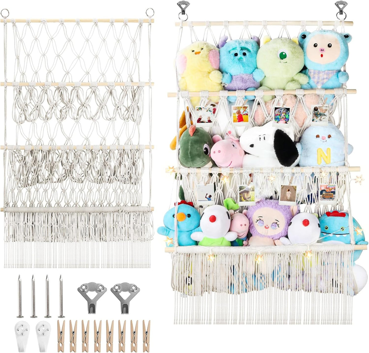2 Tier Stuffed Animal Storage Net, Large Boho Stuffy Plushies Storage,Beige