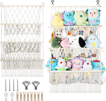 2 Tier Stuffed Animal Storage Net, Large Boho Stuffy Plushies Storage,Beige