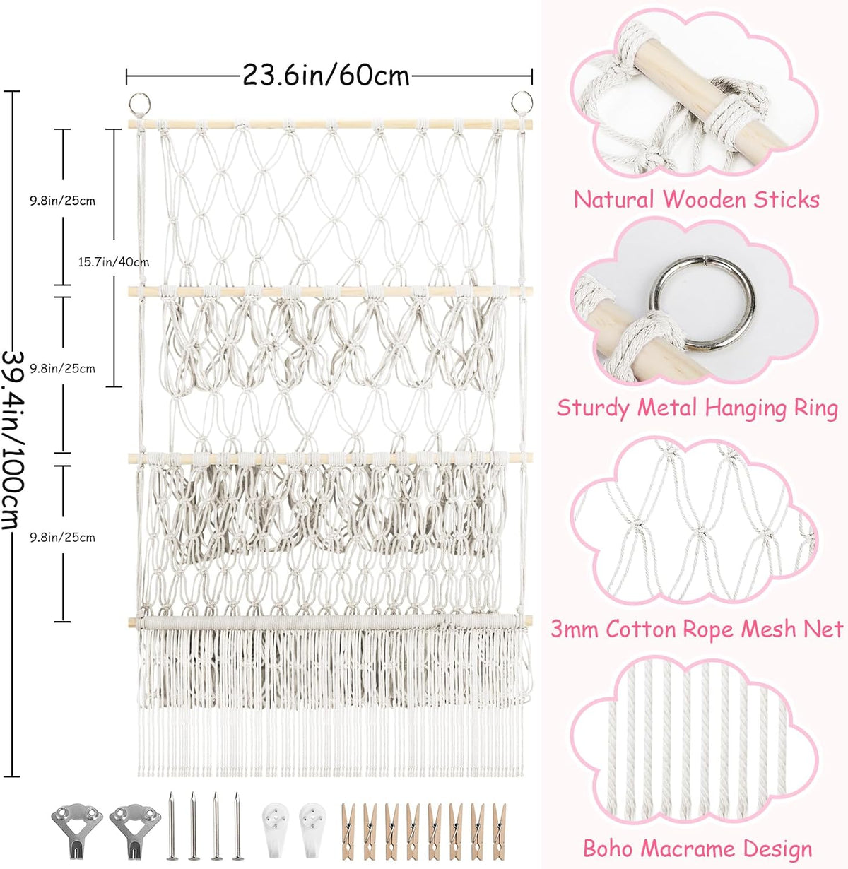 2 Tier Stuffed Animal Storage Net, Large Boho Stuffy Plushies Storage,Beige