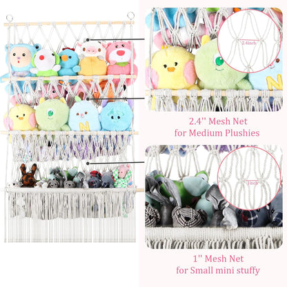 2 Tier Stuffed Animal Storage Net, Large Boho Stuffy Plushies Storage,Beige