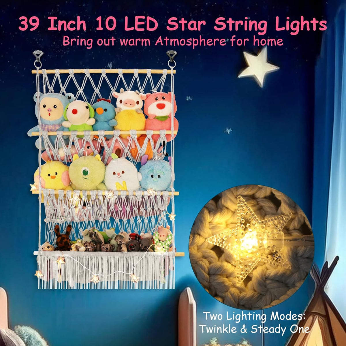 2 Tier Stuffed Animal Storage Net, Large Boho Stuffy Plushies Storage,Beige