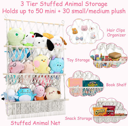 2 Tier Stuffed Animal Storage Net, Large Boho Stuffy Plushies Storage,Beige