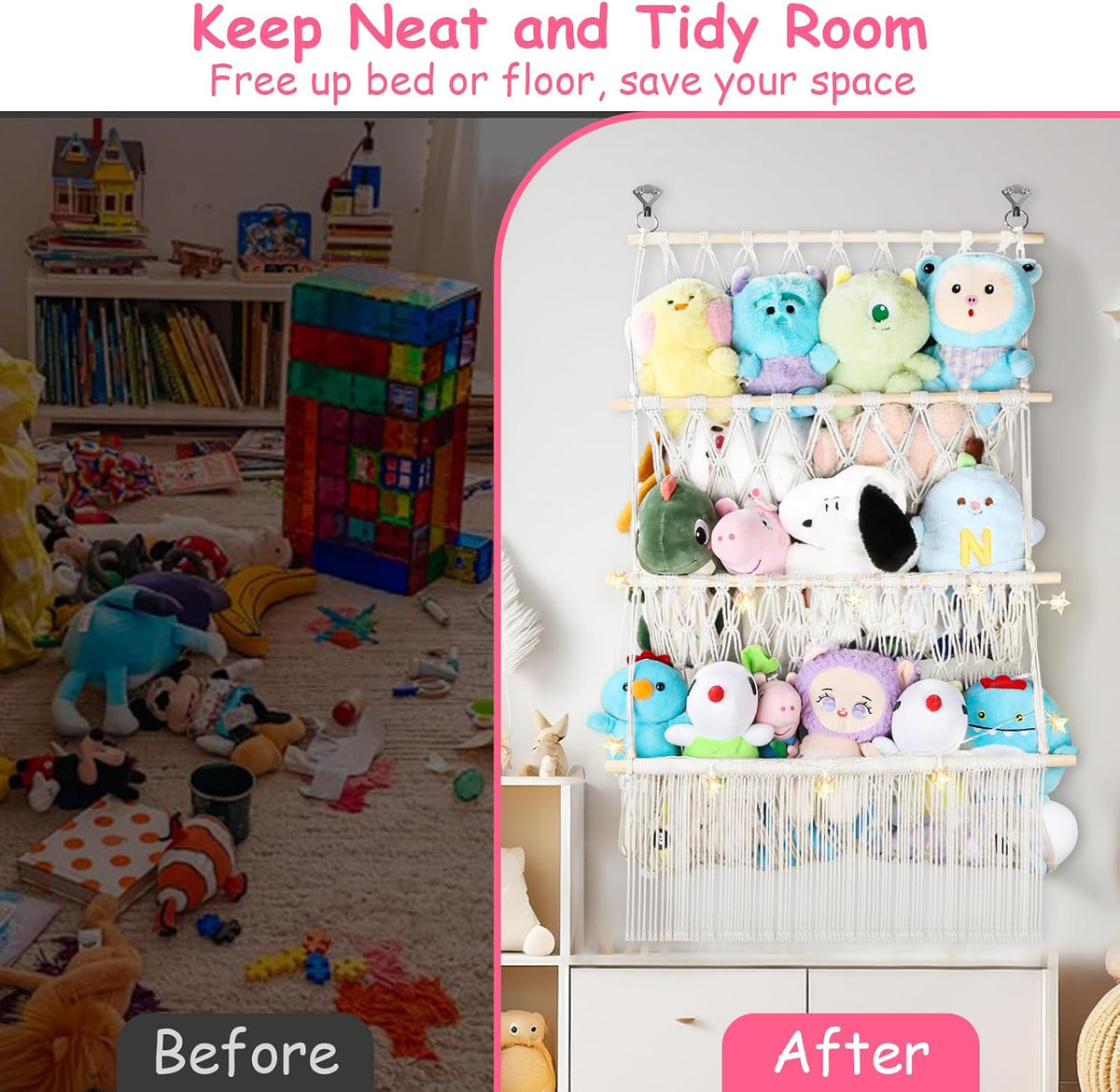 2 Tier Stuffed Animal Storage Net, Large Boho Stuffy Plushies Storage,Beige