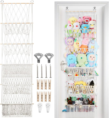 2 Tier Stuffed Animal Storage Net, Large Boho Stuffy Plushies Storage,Beige