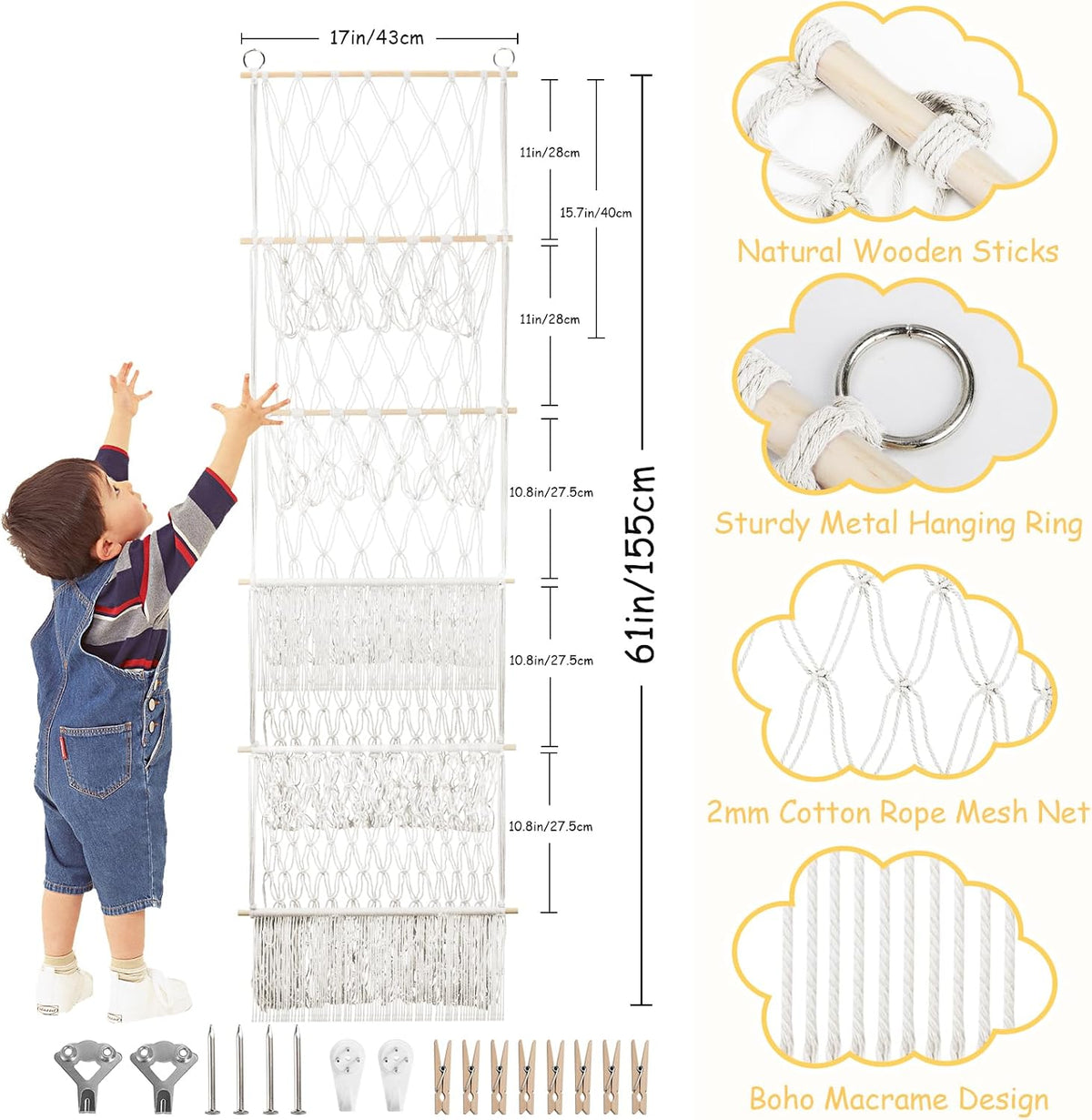 2 Tier Stuffed Animal Storage Net, Large Boho Stuffy Plushies Storage,Beige