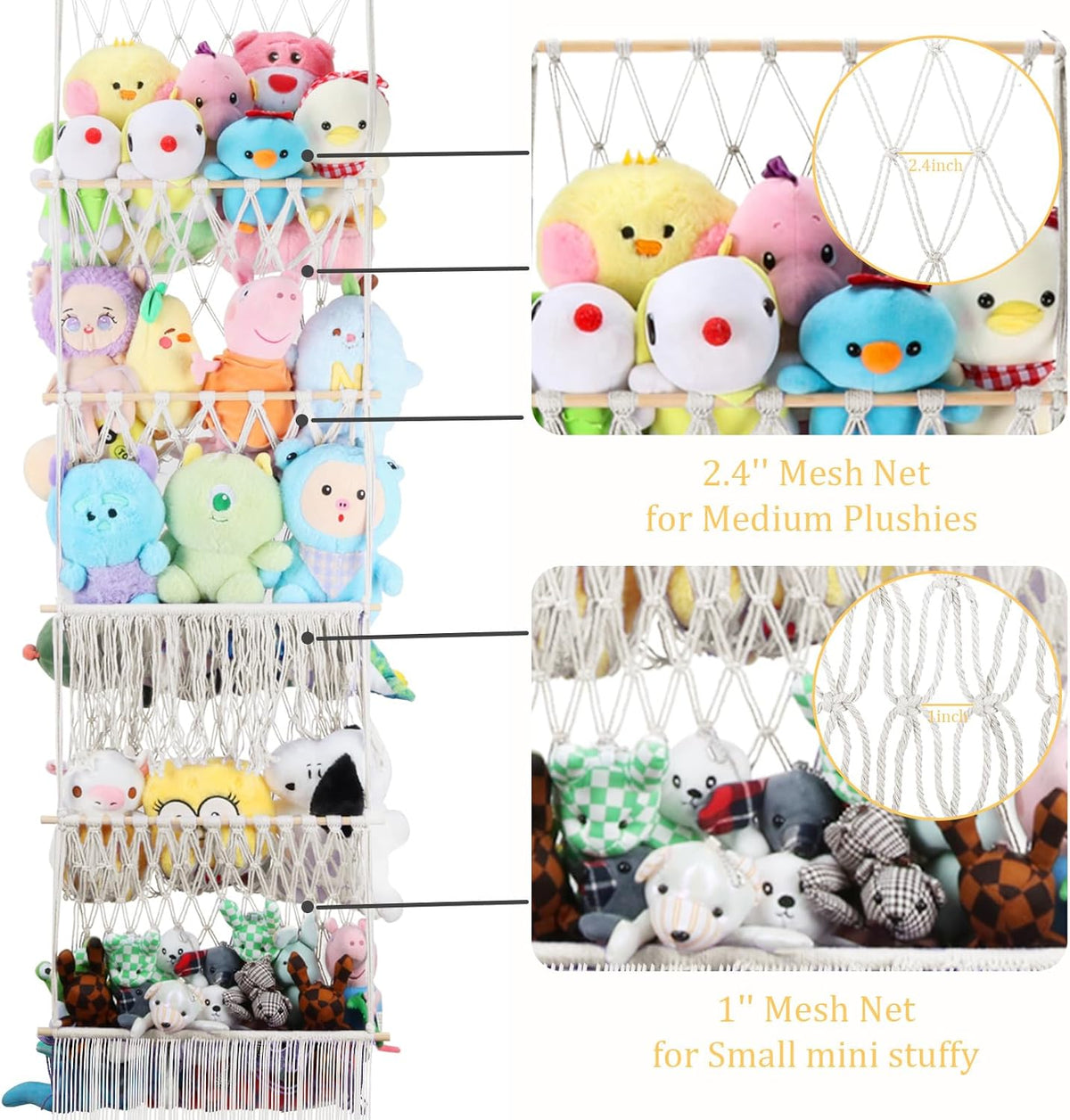2 Tier Stuffed Animal Storage Net, Large Boho Stuffy Plushies Storage,Beige