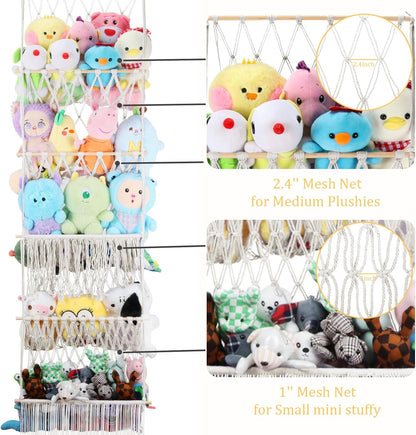 2 Tier Stuffed Animal Storage Net, Large Boho Stuffy Plushies Storage,Beige