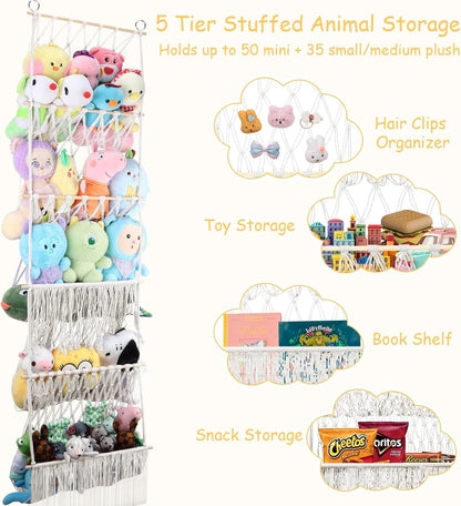 2 Tier Stuffed Animal Storage Net, Large Boho Stuffy Plushies Storage,Beige
