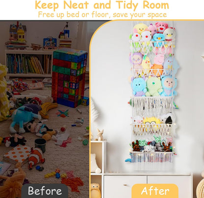 2 Tier Stuffed Animal Storage Net, Large Boho Stuffy Plushies Storage,Beige