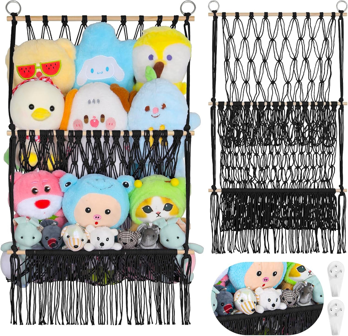 2 Tier Stuffed Animal Storage Net, Large Boho Stuffy Plushies Storage,Beige