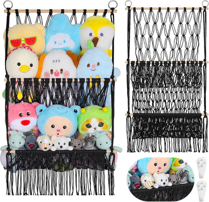 2 Tier Stuffed Animal Storage Net, Large Boho Stuffy Plushies Storage,Beige