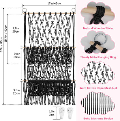 2 Tier Stuffed Animal Storage Net, Large Boho Stuffy Plushies Storage,Beige